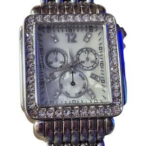 Ladies Silver toned watch Japan Movement Rhinestones around face Art Deco